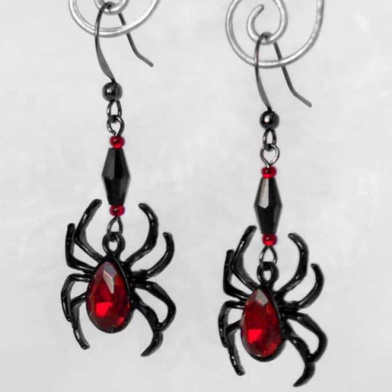Schwarze Gothic-Ohrringe mit roten Kristallen und Spinnen