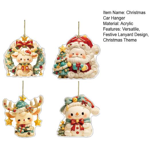 Christmas Car Charm 2D Acrylic Keychain Santa Reindeer Car Mirror Hanging Ornament Festive Decor for Home Tree