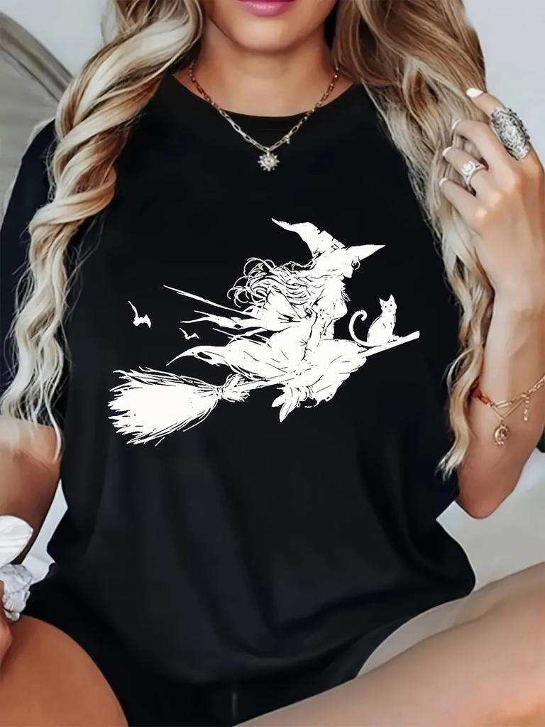 European Size Women's Casual Short Sleeve T-Shirt with Witch on Broomstick & Bats Print, Contrast Color Block Design, Round Neck, Machine Washable