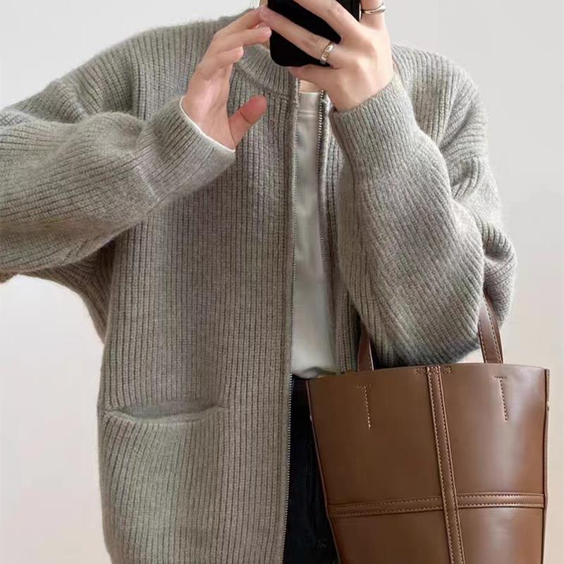 Retro Solid Color Lazy Wind Sense Pit Strip Double Zipper Knitted Cardigan Female Loose Soft Temperament Sweater Coat