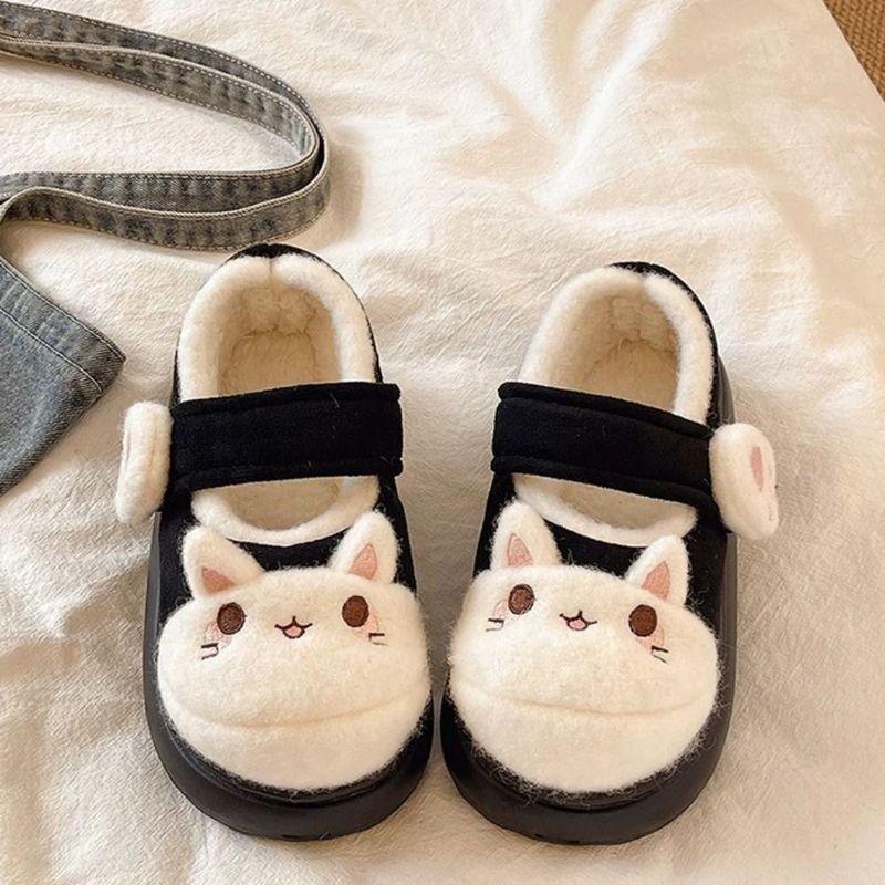 Cute Cartoon Cat Paw Shoes Anti Slip Kawaii Thick Warm Slippers Lolita Thick-sole Plush Floor Shoes Girls