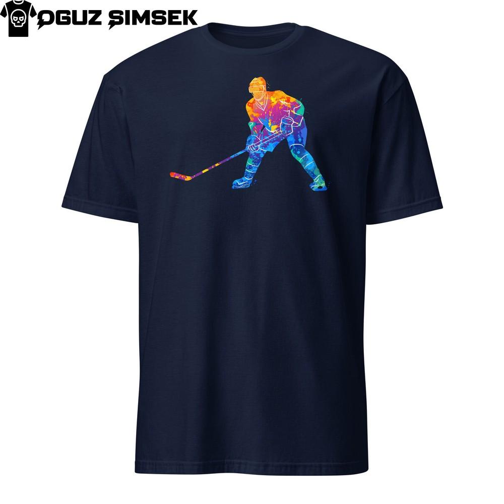 

Абстрактная красочная силуэтная унисекс футболка с игроком в хоккей на льду | Графическая футболка 3XL