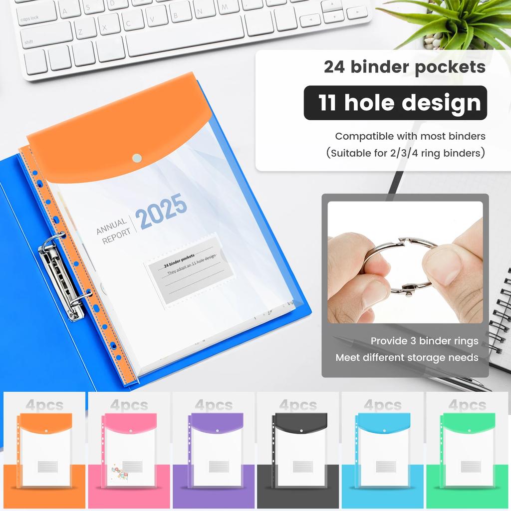 24 Pcs A4 Binder Pocket Organizer Folders Expandable Waterproof Envelopes Binder Folders Clear Snap Button For School Office