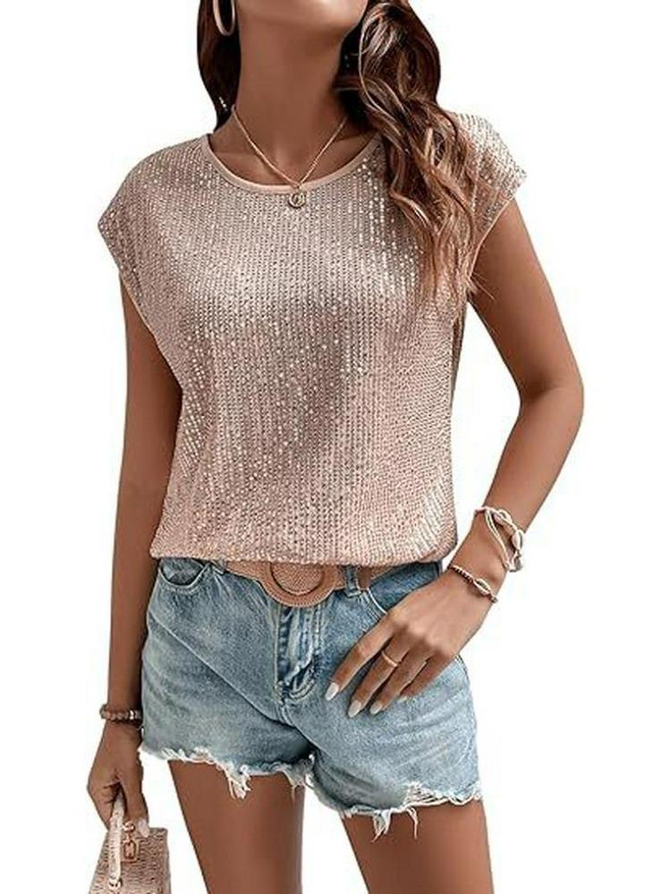 Třpytivé flitrované tričko s krátkým rukávem pro ženy s kulatým výstřihem módní top 2024