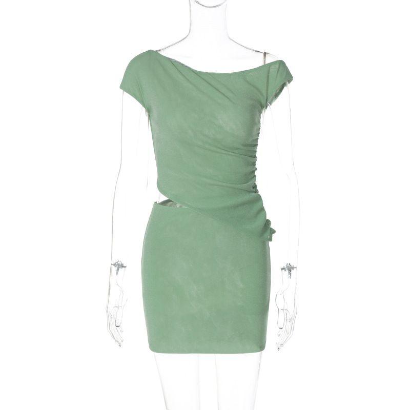 

Umbilical Top Pleated Skirt Set Midriff-Baring Top Silm Ruched Skirt Outfit Green L