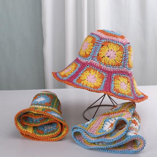 Fisherman Hat Floral Pattern Crochet Straw Sun Hat Anti-UV Sun Protection Foldable Packable