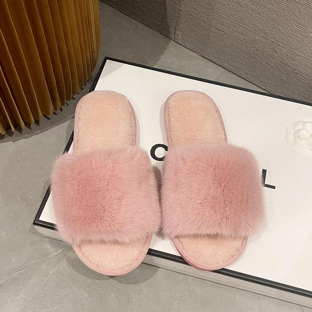 Women's Winter Indoor Cotton Slippers - Large, Warm, Solid Color Fur Design