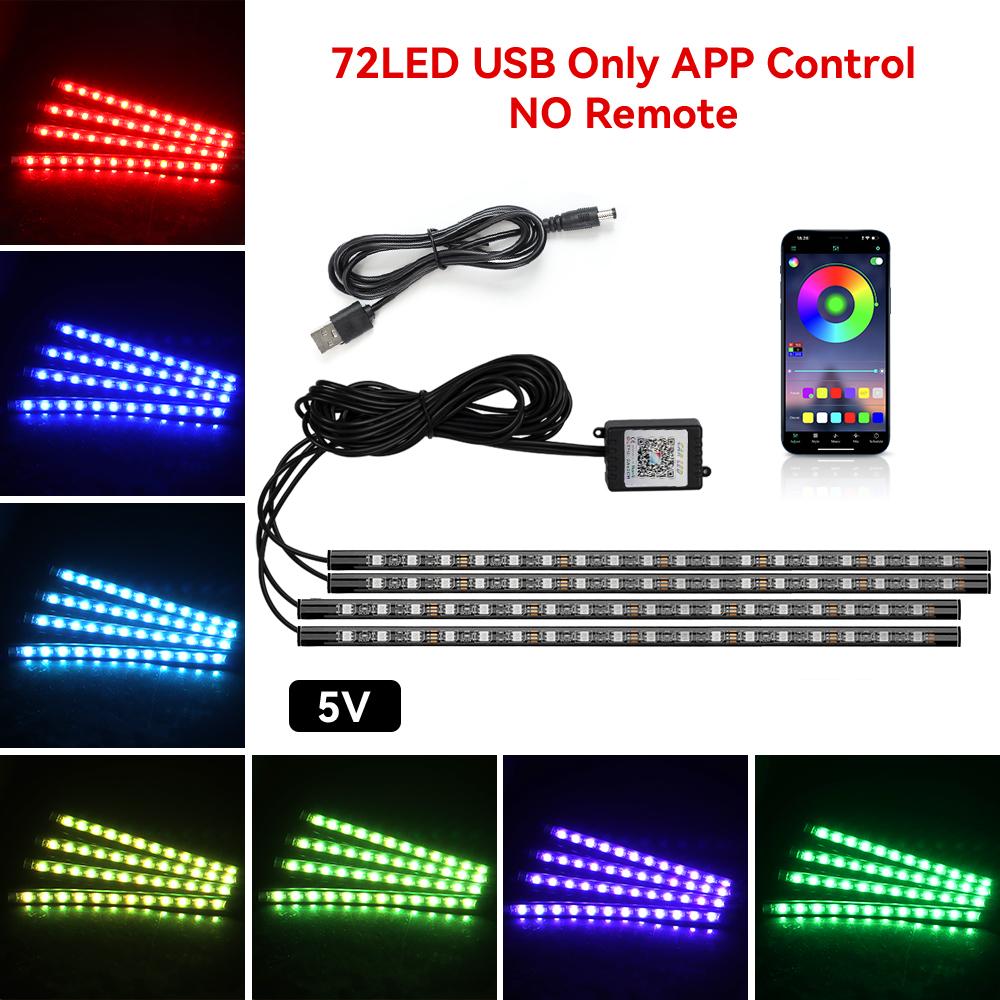 4in1 LED RGB Interior Ambient Car Light Strip Foot Light Dynamic Flash Light Music APP Control RGB Color USB/Cig Car Accessories