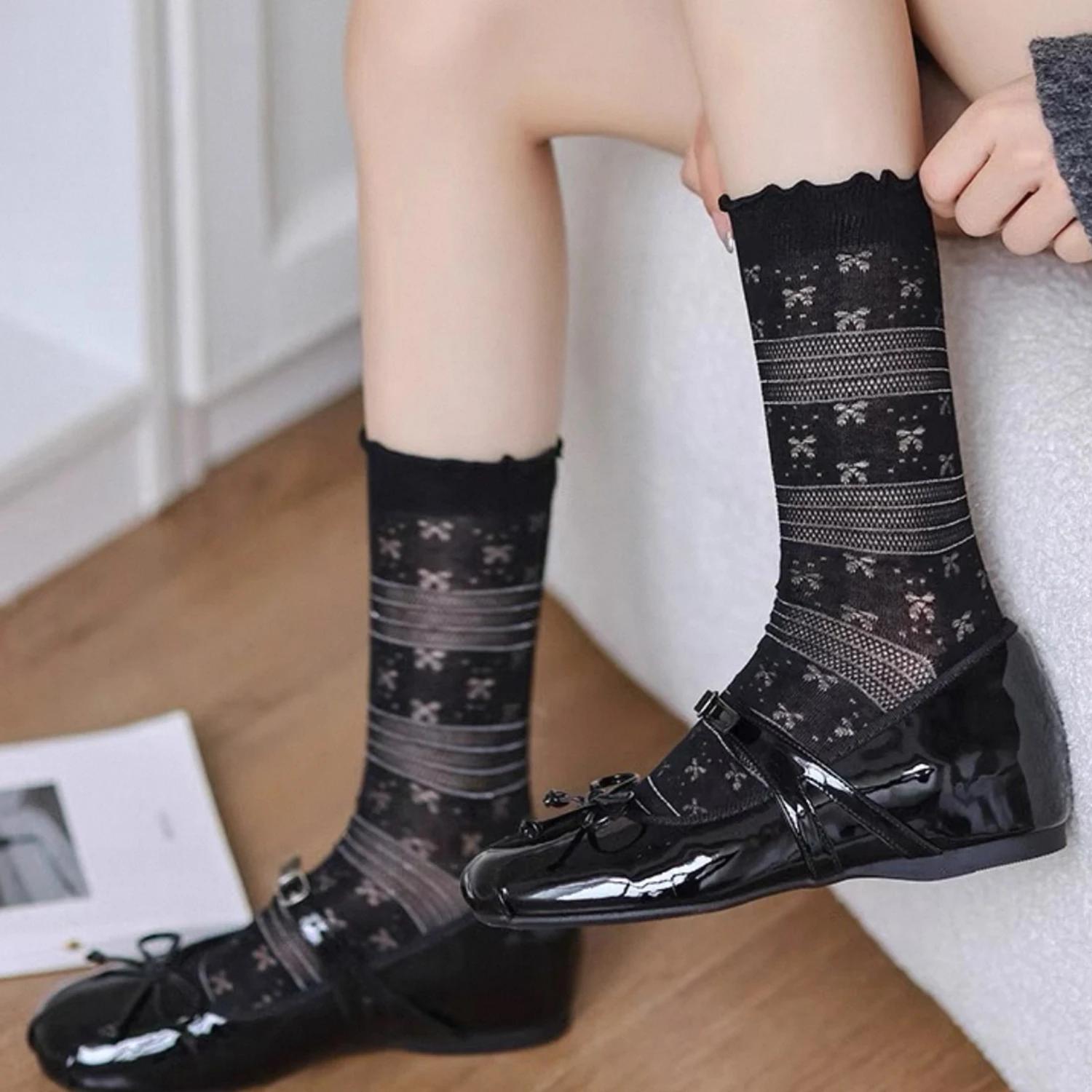 Socks For Women Thin Summer New Candy Color Hollow Out Breathable Loose Sock Women s Casual Basic Sweet Girls Fashion Long Socks чёрный