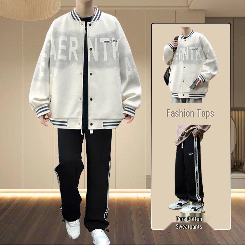 Men's Spring/Fall American Baseball Jacket: Trendy Hong Kong Style for Teens with Round Neck and Stylish Print