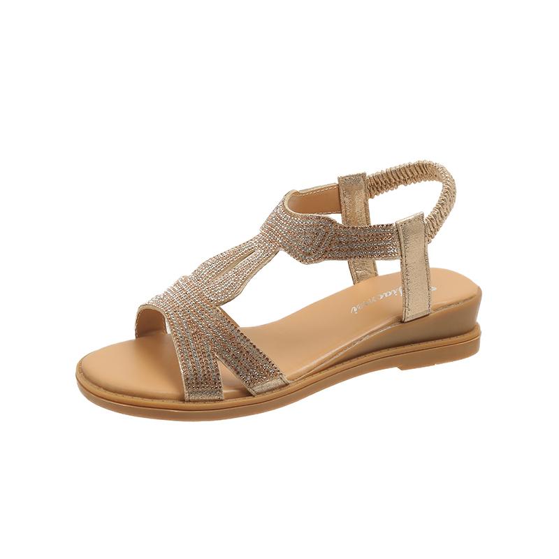 

Модная женская обувь 2024 года, горячая распродажа, женские сандалии с эластичной резинкой, модные повседневные сандалии с открытым носком, женские новые сандалии на танкетке с кристаллами 40 золотой