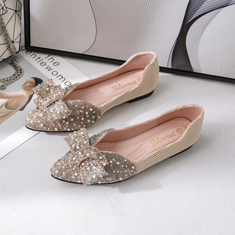 

Fashion Women/girl s Crystal Bowknot flat shoes pointed toe glitter ballet flats elegant ladies pearl wedding shoes34-43big size loafers 4.5