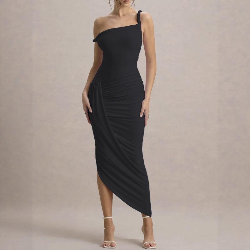 Slant Neck Suspender Women's Dress Sexy Pleated Slim-fitting Irregular Hem Dress