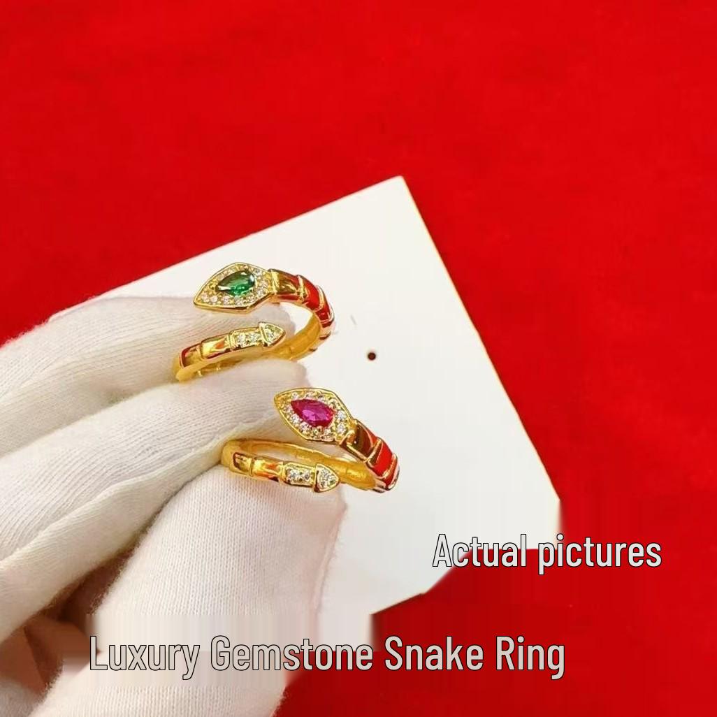 Vietnam Gold Snake Gemstone Ring for Women - Fashionable Open Finger Jewelry, Year of the Snake Design Gemstone Snake Ring (Green)