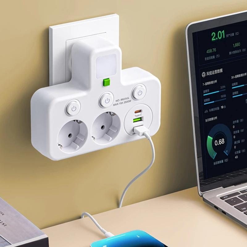 EU Wall Plug Power Strip – 2 Versions: Standard or with USB Type-C, Wall Charger for Home & Office