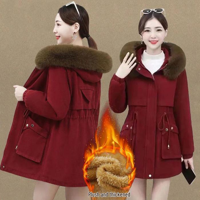 Dámský zimní sametový kabát 2024: Slim Fit, Korejský styl, Kožešinový límec, Teplý, Velká velikost, Středně dlouhý.