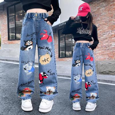 Mädchen Cartoon Jeans - Frühling/Herbst, Koreanischer Stil Lockerer Schnitt, Weitbeinige Hosen für Kinder