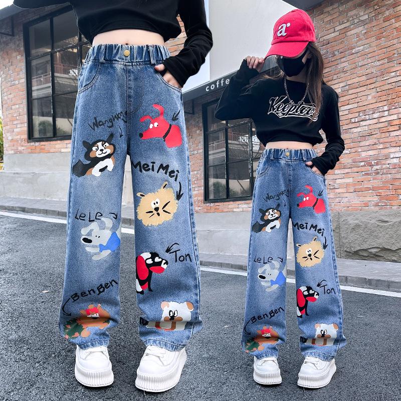 Girls' Cartoon Jeans - Spring/Autumn, Korean Style Loose Fit, Wide-Leg Trousers for Kids