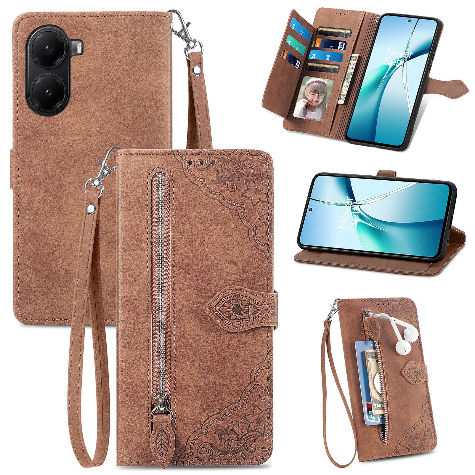 

For Xiaomi Redmi Turbo 4 5G/Realme X7 Pro Zipper Wallet Case with Strap Flower Imprint PU Leather Phone Cover Brown