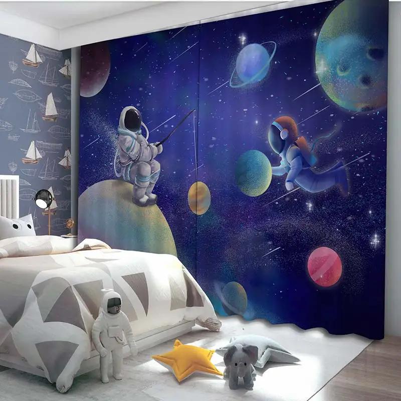New Cartoon Earth Planet Space Astronaut Rocket Print High Shading Curtain Children's Room Living Room Window Curtain 2Pcs Home