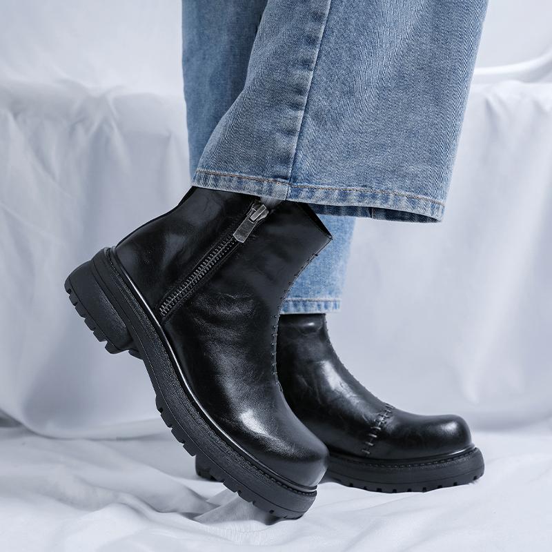Men's genuine leather boots Classic casual style Work and Office Business Outdoor fashion autumn winter shoes Black Thick Bottom