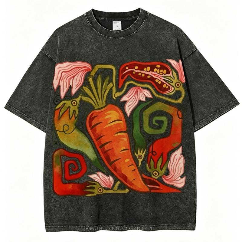 Vintage Washed Vegetable Art Graphic TShirt Boho Abstract Print Oversized Unisex Streetwear Tee Casual Tops for Men Women