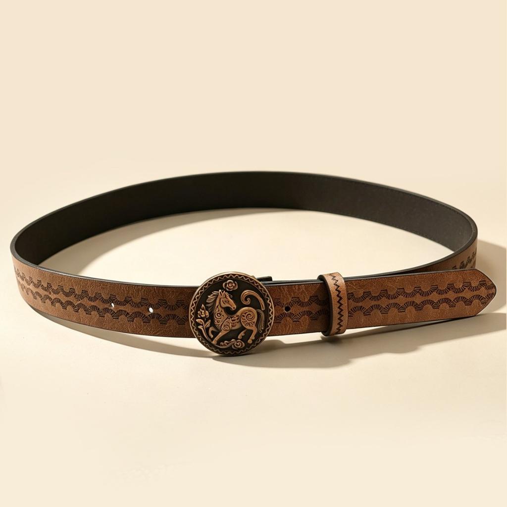 Vintage Western Style J Horse Round Buckle Belt, Embossed Brown PU Women's Belt, Ethnic Style Wear Decorative Belt
