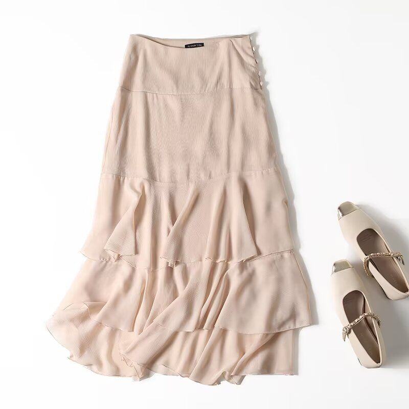 

MD Women clothes French style Gentle Romantic Commuter Style High Waist Frill Half-Length Long dress Princess Dress 05242504712 Rice apricot L