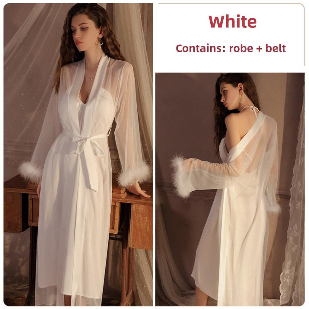 Satin Drawstring U-neck Plus Chest Pad Slim and Thin Suspender Nightdress Mesh Robe Loungewear Set