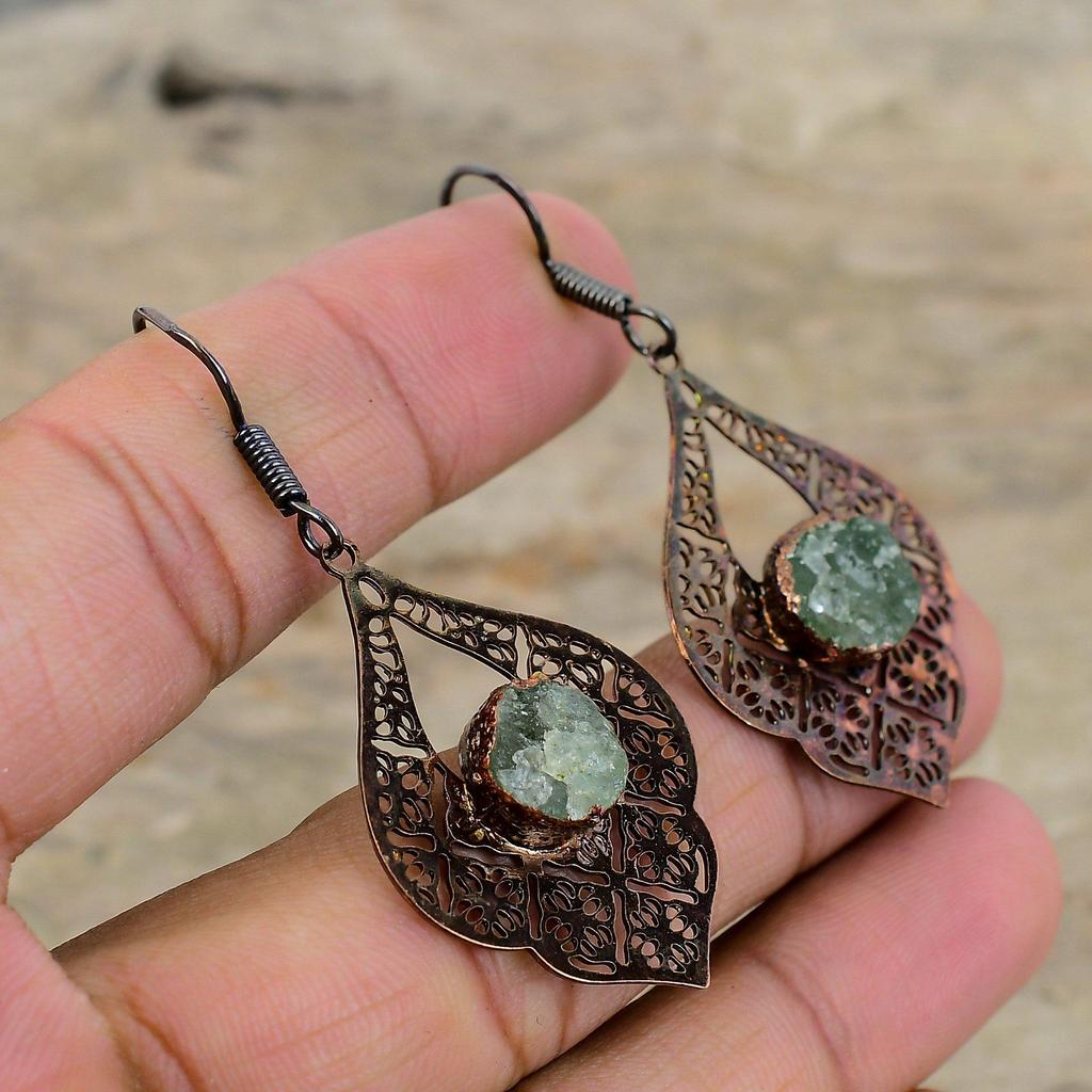 Aquamarine Rough Earring Electroformed Copper Earring Natural Gemstone Earrings Electroformed Jewelry Handmade Antique Earring Gift For Wife