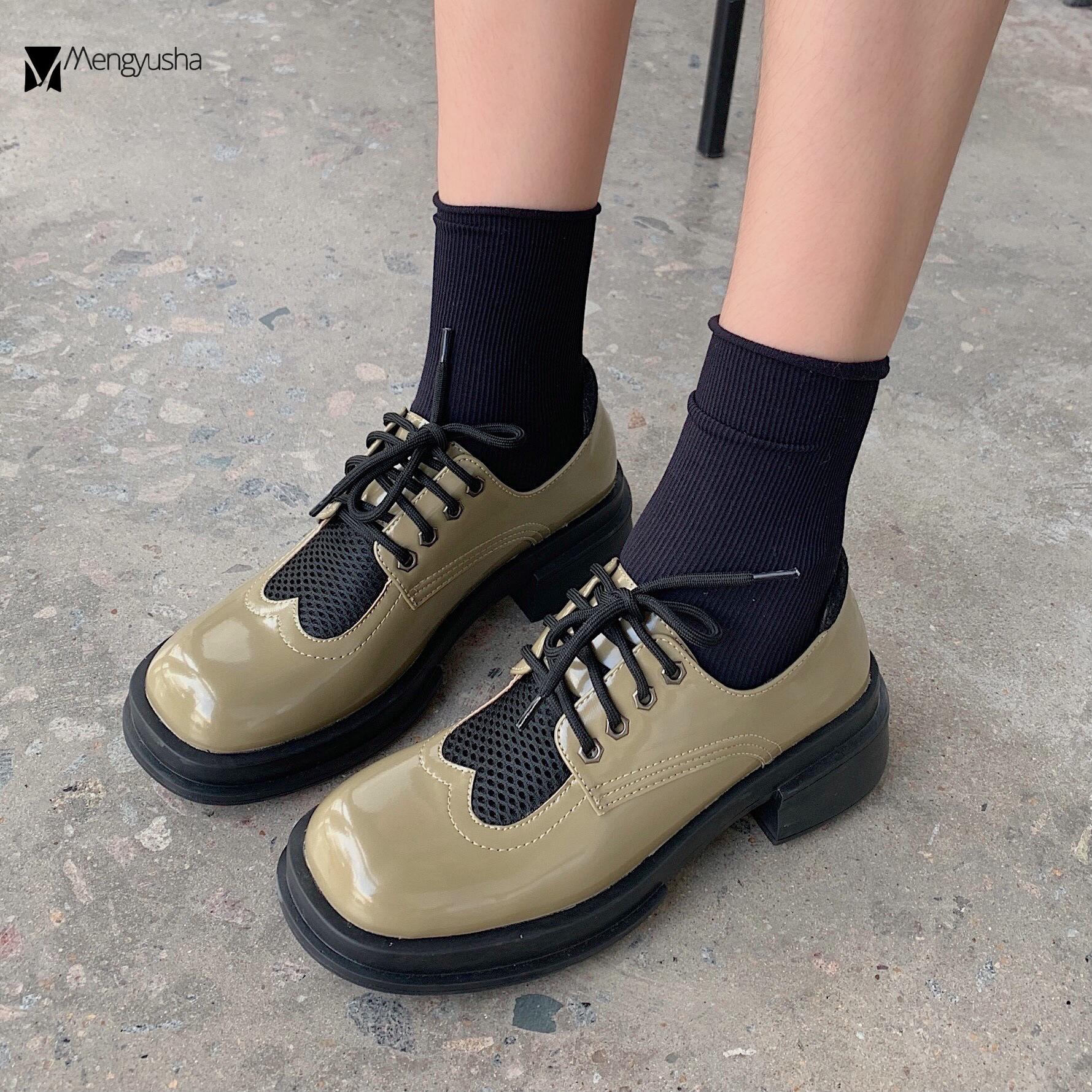 Лоскутные сетчатые туфли-оксфорды женские мокасины с квадратным носком на толстом каблуке — фото 4