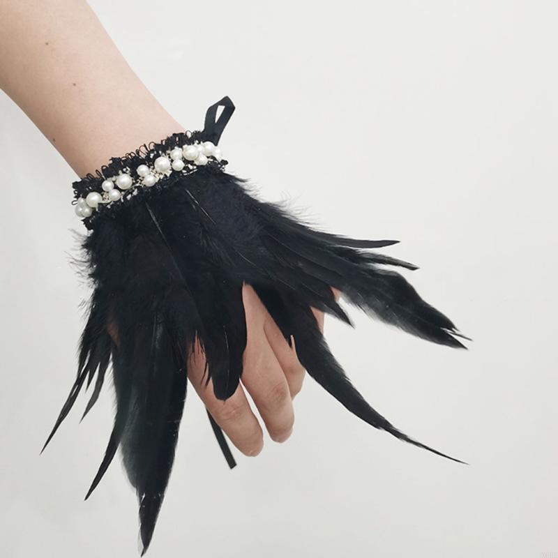 Women Natural Fur Feather Cuffs Sexy Cuffs With Feathers Feather Cuff Snap Bracelet Sleeves Wrist Arm Removable Shirt