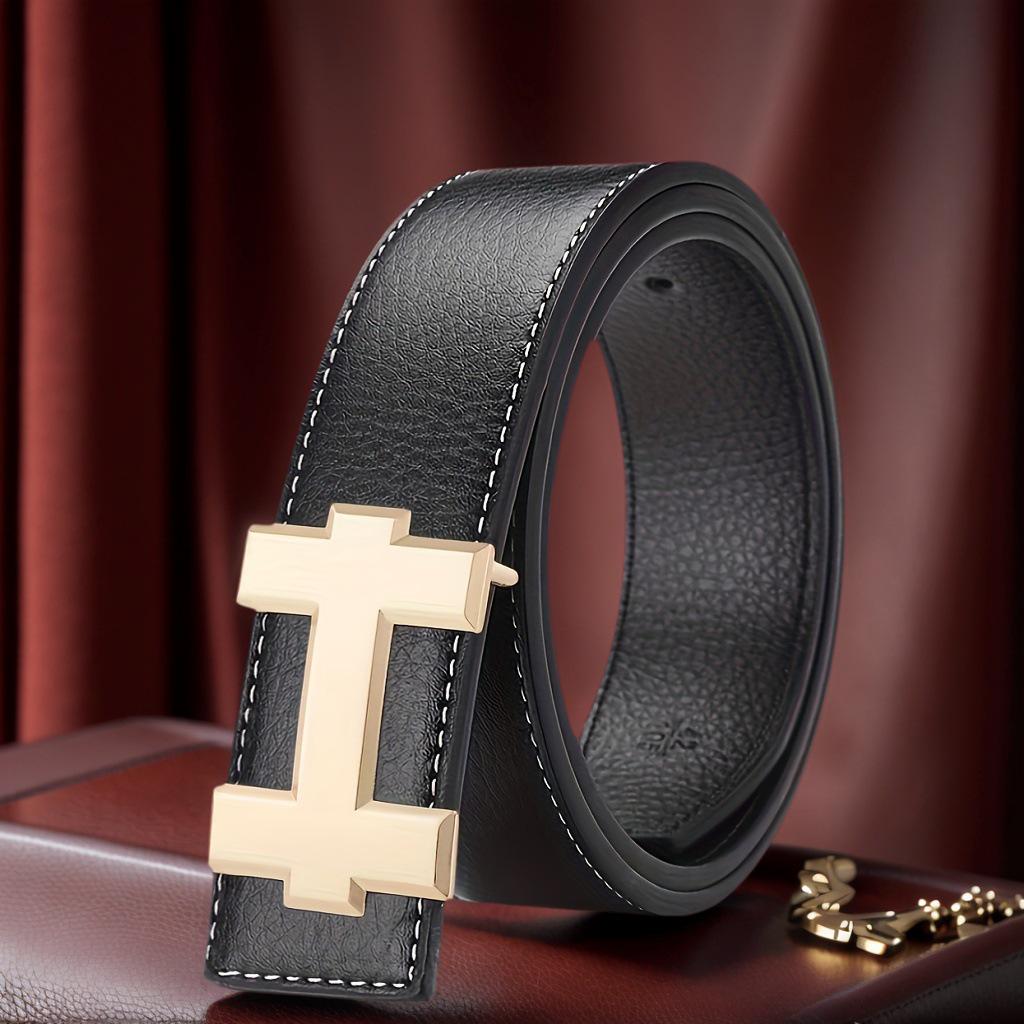Unisex Korean H Buckle Genuine Leather Belt with Lychee Grain Design