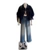 Women's Dark Blue Denim Jacket with Lapel Collar and Button Front