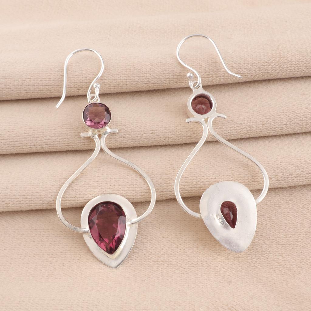 Natural Rhodolite Gemstone 925 Sterling Silver Jewelry Handmade Earrings 2.07" EE-170-3