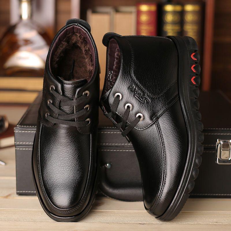 Winter cotton shoes men's genuine leather velvet thickened warm high-top non-slip soft-soled human cotton leather shoes