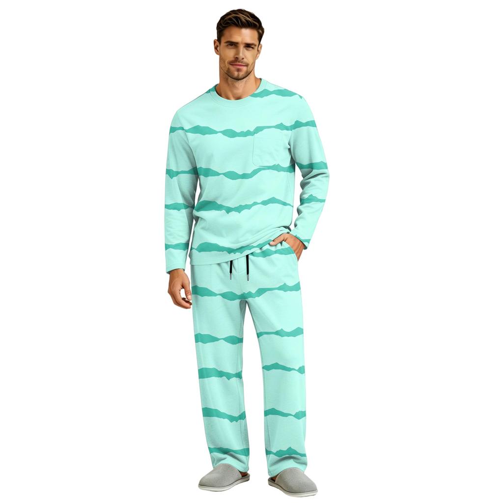 Men's Pajama Set Long Sleeve Top and Long Pants with Button Crotch and Elastic Drawstring Waist for Home Loungewear