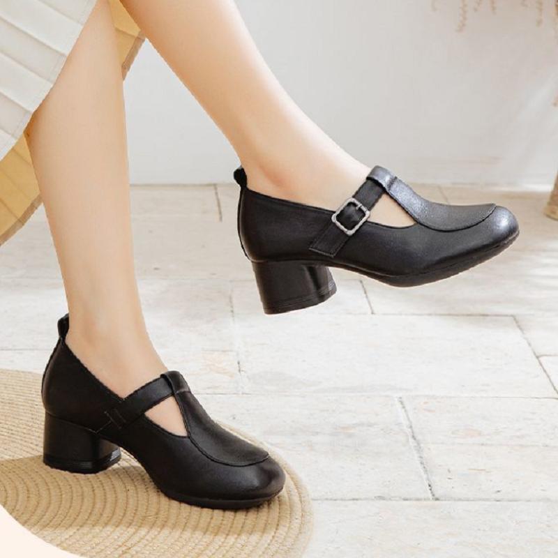 Zapatos femeninos mujeres lindo suave cuero beige correa de hebilla tacón cuadrado zapatos para trabajo de oficina dama tacones negros ab580