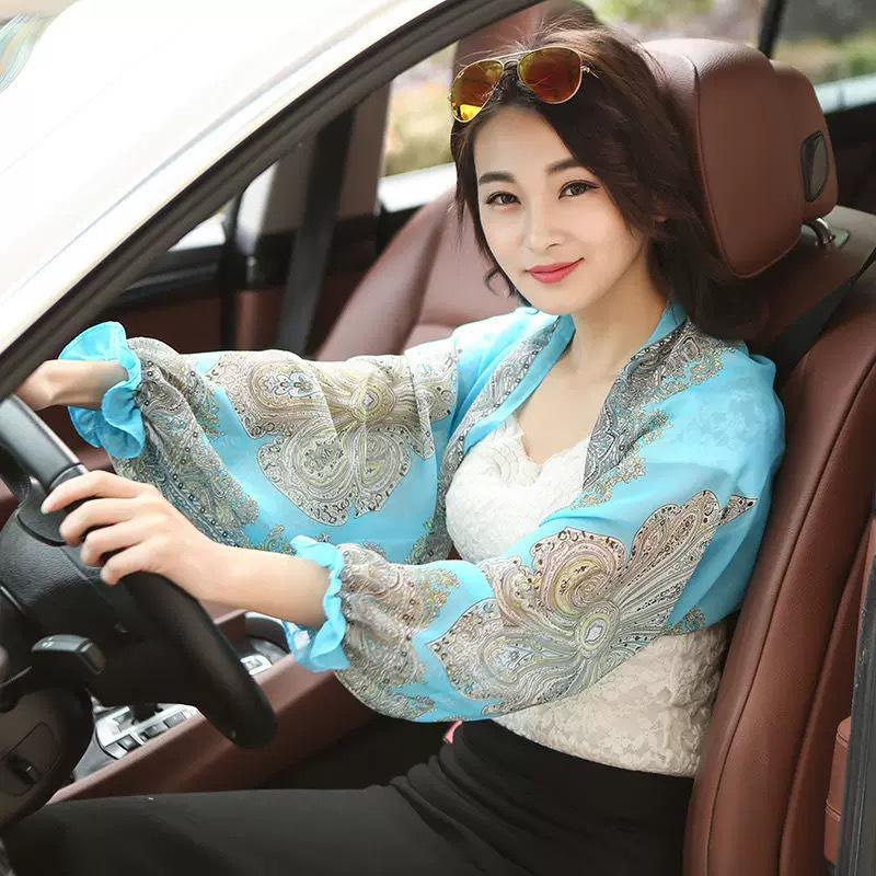 Cashew Print Chiffon Cycling Shawl with Sun Protection Sleeves - Fashionable Long Sleeve Scarf