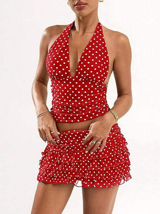 Women's Retro Halter V-Neck Polka Dot Top & Ruffled Skirt Set