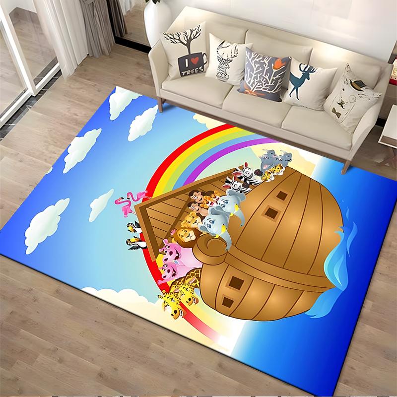 Noah's Ark Cartoon Carpet with Animals, Rainbow, and Blue Sky Design Suitable for Use As an Anti-slip for Living Room Bedroom Sofas