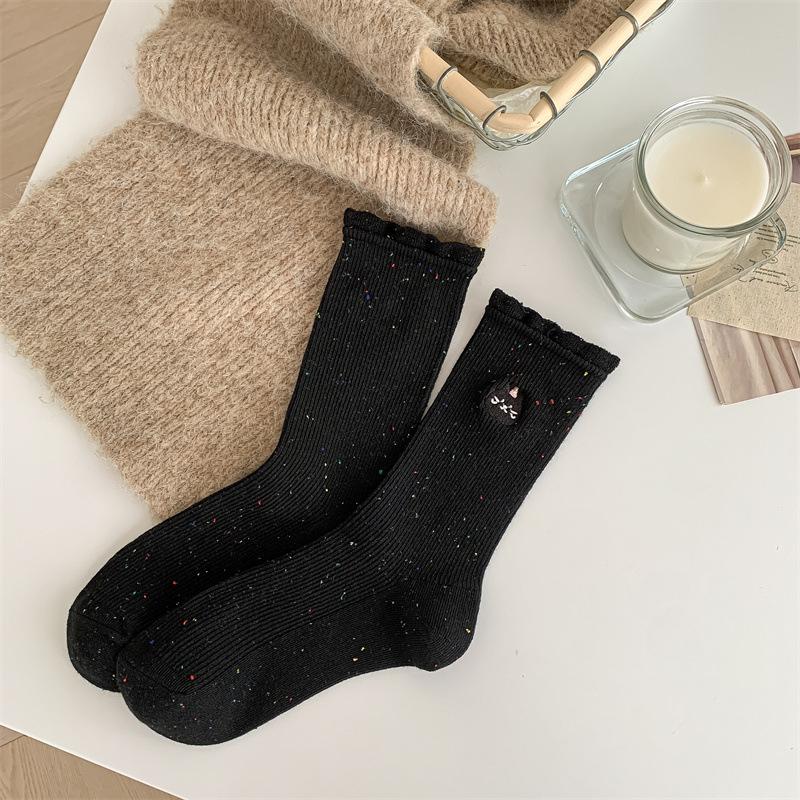 

Cute Socks, Girls Spring and Autumn Mid-calf Socks, Solid Color Dot-dot Yarn Lace Pile Socks, Cartoon Embroidery Student Long Socks 1 pair чорний