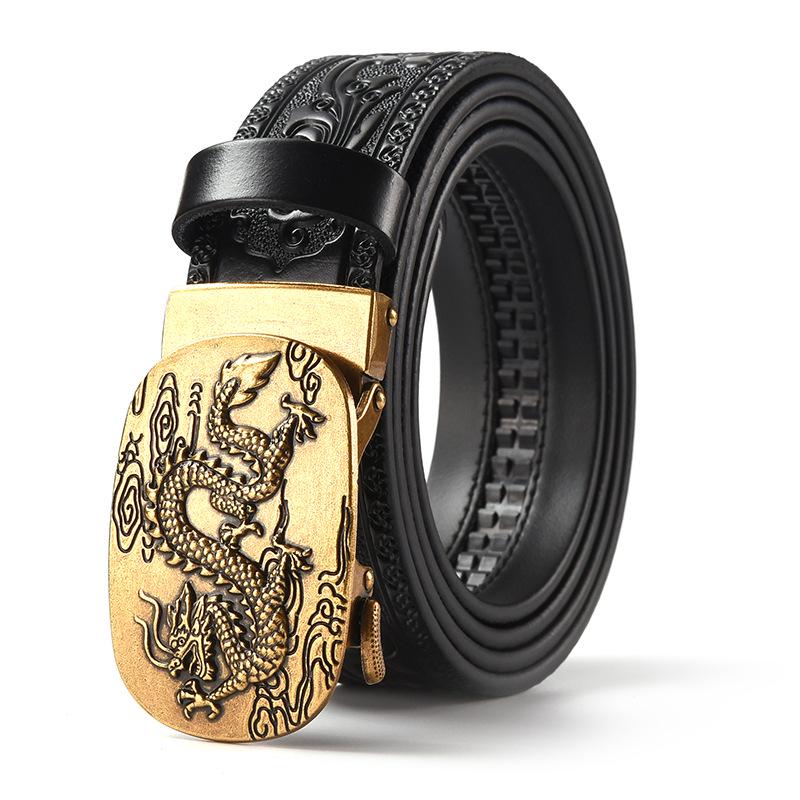 Men's Retro Dragon Head Genuine Leather Belt with Carved Embossed Design