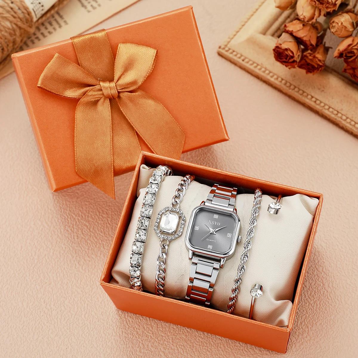 

Стильные Простые Элегантные Квадратные Кварцевые Часы с Бриллиантовым Браслетом Набор из 5 Штук для Подарков на День Благодарения и Рождество серебряный