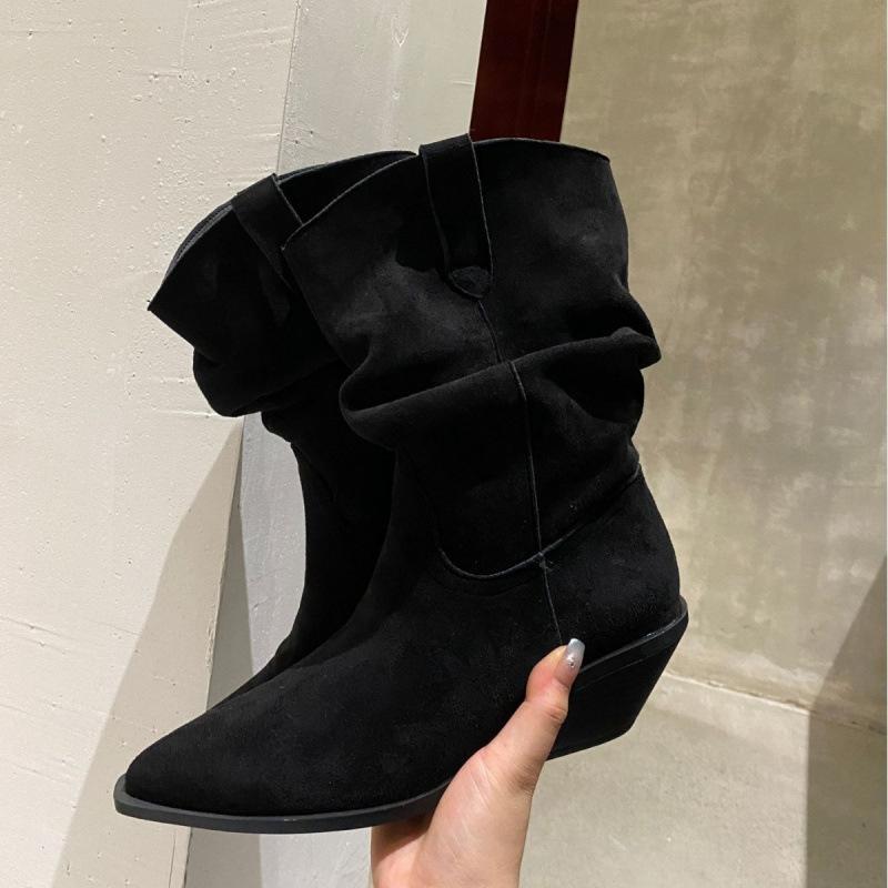 2025 autumn and winter new fashion versatile retro short boots Korean version thick heel sleeve short boots pleated Martin boots