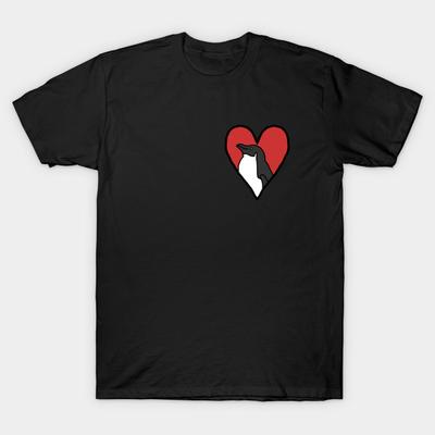 Men Black Print T-shirt Small Penguin Heart Graphic No-Cut Heat Transfer Print Cotton Tshirt