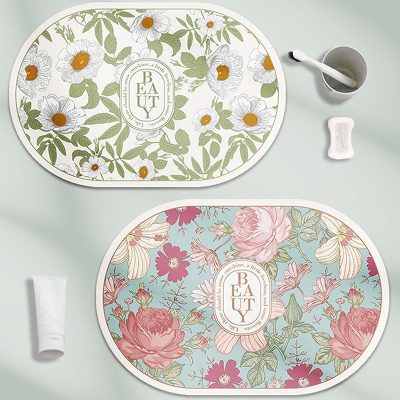 Fresh Floral Diatomaceous Earth Mat - Easy Clean Bathroom & Washbasin Floor Pad