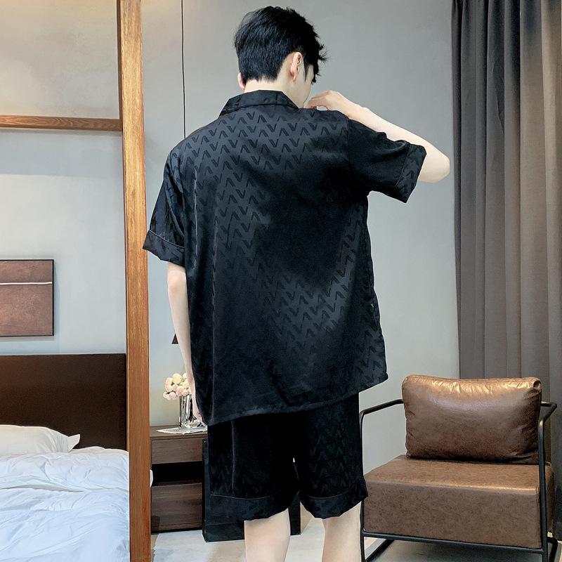 Jacquard Pajamas Suit Men Summer Ice Silk Shorts Sleepwear Set Thin Satin Loungewear Male Night Clothing