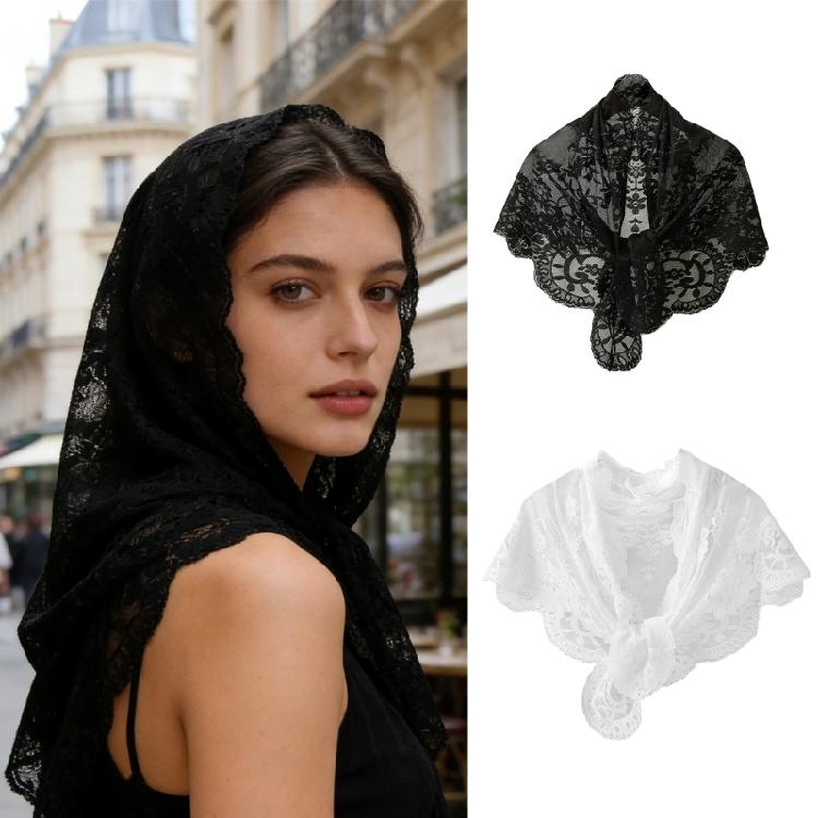 Fashionable Scarf With Detailed Lace Design Multipurpose Head Accessory Quick Dry Polyester Fabric