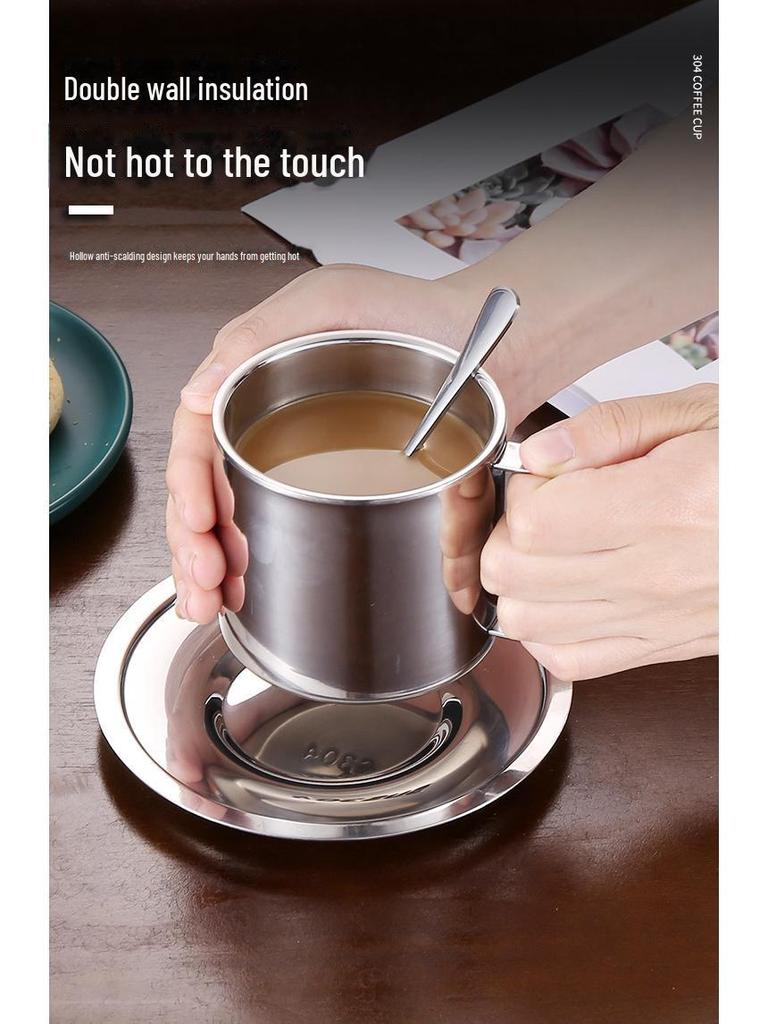 304 Stainless Steel Double-Layer Insulated European Coffee Cup Set - 3-Piece